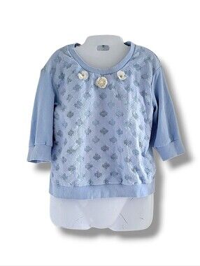 Korirl | EUC Light Blue Floral Appliqué Lace 3/4 Sleeve Top SIZE M